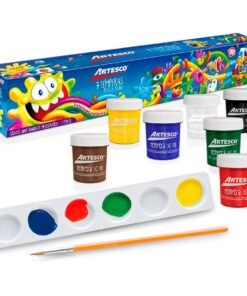 Témperas x 7 Colores + Pincel + Paleta Mezcladora.
