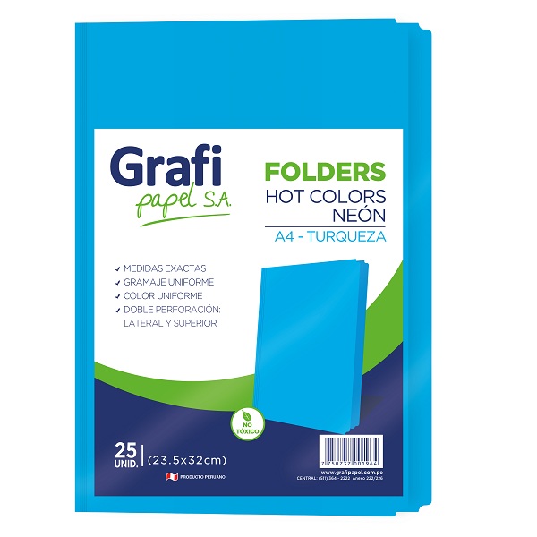 Folders Manila Neon Turqueza Tamaño A4 x25 unid. - Grafipapel